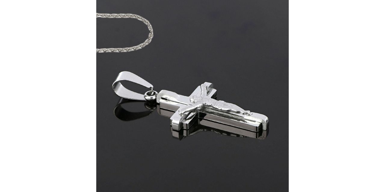 Men's steel cross white with the Crucified embossed design with chain ...