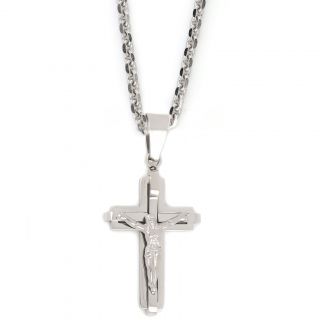 Cross made of stainless steel with the Crucified Christ as embossed design with chain Cross made of stainless steel with the Crucified Christ as embossed design with chain