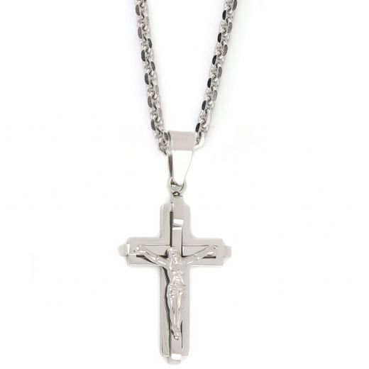 Cross made of stainless steel with the Crucified Christ as embossed design with chain