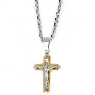 Cross made of gold plated stainless steel with the Crucified Christ as white embossed design with chain Cross made of gold plated stainless steel with the Crucified Christ as white embossed design with chain