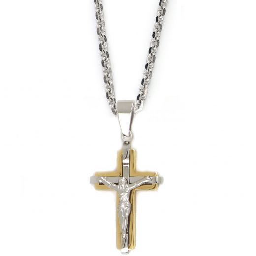 Cross made of gold plated stainless steel with the Crucified Christ as white embossed design with chain