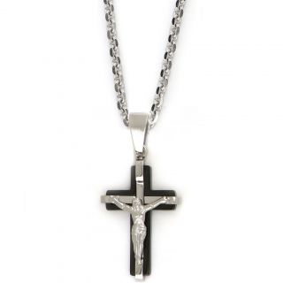 Black cross made of stainless steel with the Crucified Christ as white embossed design with chain Black cross made of stainless steel with the Crucified Christ as white embossed design with chain