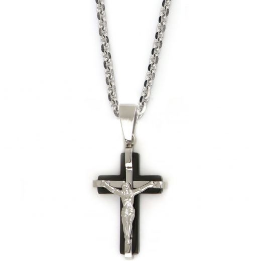 Black cross made of stainless steel with the Crucified Christ as white embossed design with chain