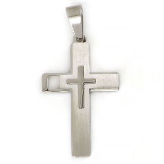 Matte cross made of stainless steel with embossed white little cross Matte cross made of stainless steel with embossed white little cross