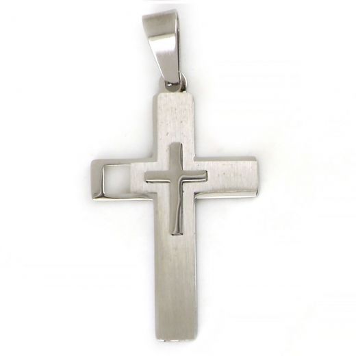 Matte cross made of stainless steel with embossed white little cross