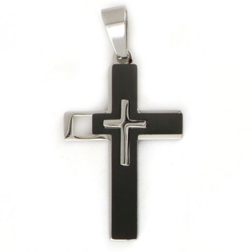 Black matte cross made of stainless steel with embossed white little cross