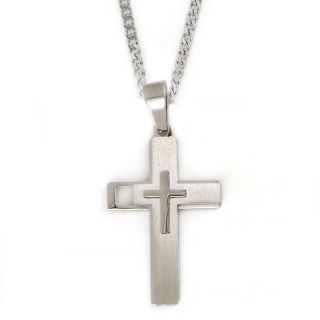 Matte cross made of stainless steel with embossed white little cross with chain Matte cross made of stainless steel with embossed white little cross with chain
