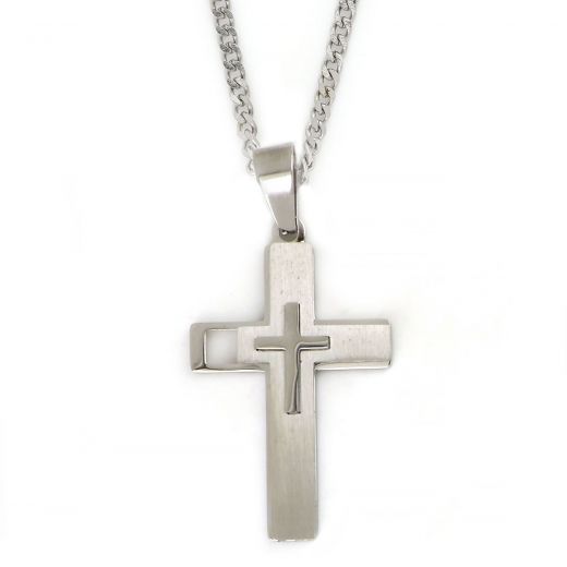 Matte cross made of stainless steel with embossed white little cross with chain