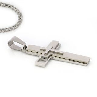 Matte cross made of stainless steel with embossed white little cross with chain - 