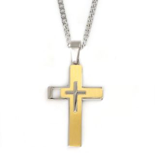 Matte cross made of gold plated stainless steel with embossed white little cross with chain Matte cross made of gold plated stainless steel with embossed white little cross with chain