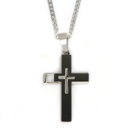 Black matte cross made of stainless steel with embossed white little cross with chain