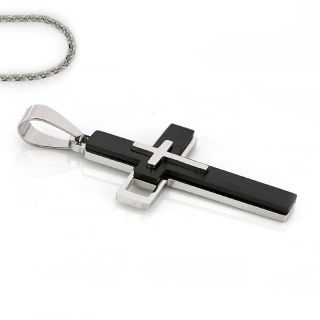 Black matte cross made of stainless steel with embossed white little cross with chain - 