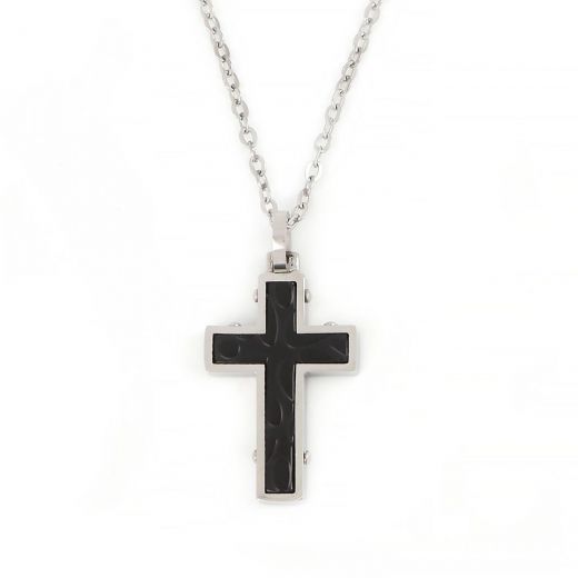 Ανδρικός σταυρός ατσάλινος με ανάγλυφο μαύρο και αλυσίδα