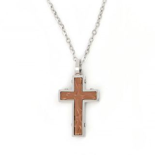 Cross made of rose gold stainless steel with embossed texture and chain. Cross made of rose gold stainless steel with embossed texture and chain.