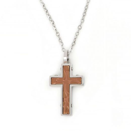 Cross made of rose gold stainless steel with embossed texture and chain.