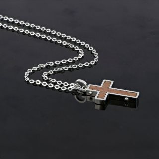 Cross made of rose gold stainless steel with embossed texture and chain. - 