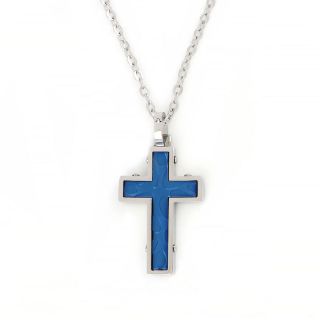 Cross made of blue stainless steel with embossed texture and chain. Cross made of blue stainless steel with embossed texture and chain.