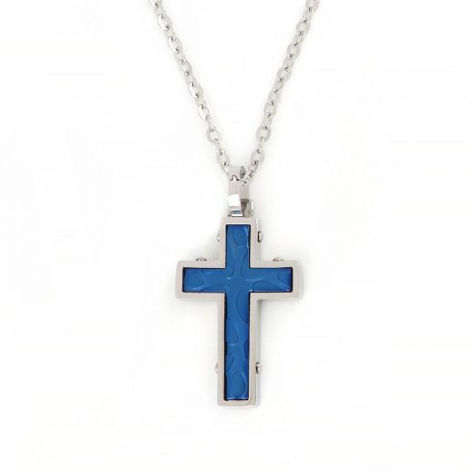Cross made of blue stainless steel with embossed texture and chain.
