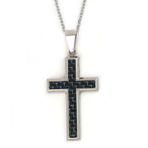 Ανδρικός σταυρός ατσάλινος μεγάλος με μπλε ανθρακόνημα με αλυσίδα