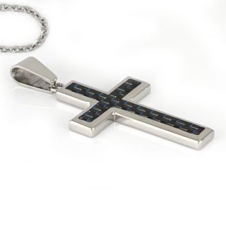 Cross made of stainless steel with blue carbon fiber with chain - 
