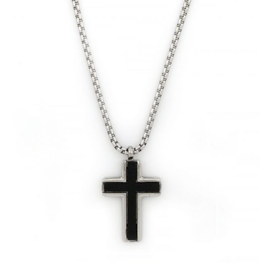 Cross made of stainless steel with leather and chain.