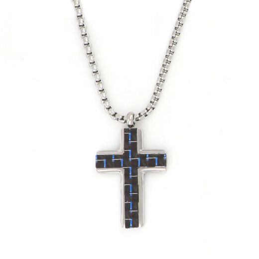 Ανδρικός σταυρός ατσάλινος με μπλε ανθρακόνημα και αλυσίδα