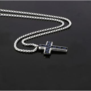 Cross made of stainless steel with blue carbon fiber and chain. - 