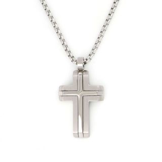 Matte cross made of stainless steel with embossed shiny cross design and chain. Matte cross made of stainless steel with embossed shiny cross design and chain.