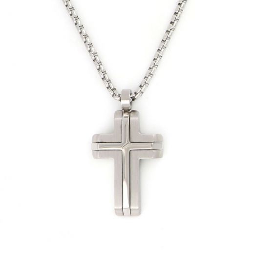 Matte cross made of stainless steel with embossed shiny cross design and chain.