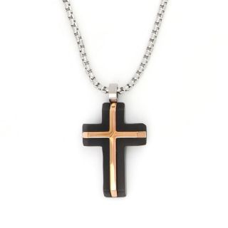 Black matte cross made of stainless steel with embossed rose gold shiny cross design and chain. Black matte cross made of stainless steel with embossed rose gold shiny cross design and chain.