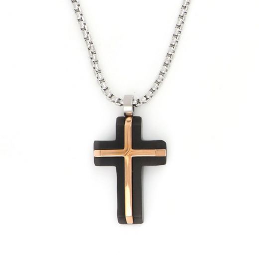 Black matte cross made of stainless steel with embossed rose gold shiny cross design and chain.