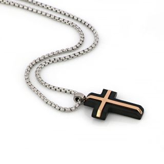 Black matte cross made of stainless steel with embossed rose gold shiny cross design and chain. - 