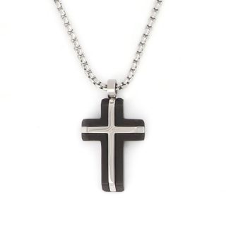 Black matte cross made of stainless steel with embossed white shiny cross design and chain. Black matte cross made of stainless steel with embossed white shiny cross design and chain.