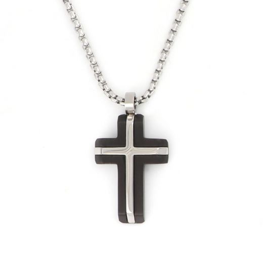 Black matte cross made of stainless steel with embossed white shiny cross design and chain.