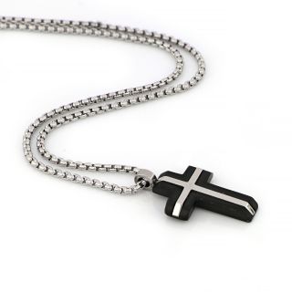 Black matte cross made of stainless steel with embossed white shiny cross design and chain. - 