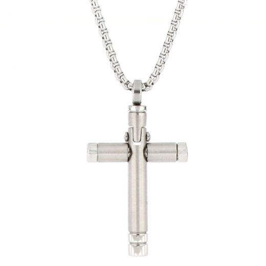 Cross made of stainless steel with round edges and chain.