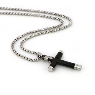 Black cross made of stainless steel, round edges, white details and chain. - 