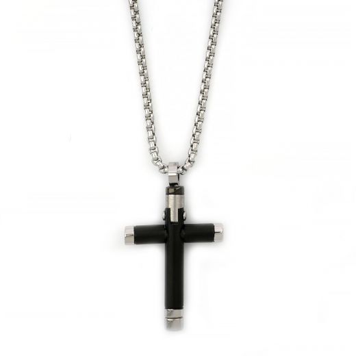 Black cross made of stainless steel, round edges, white details and chain.