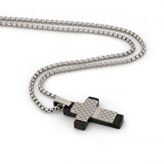 Cross made of stainless steel with embossed design and black endings with chain. - 