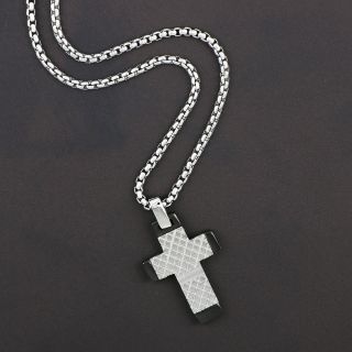 Cross made of stainless steel with embossed design and black endings with chain. - 