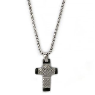 Cross made of stainless steel with embossed design and black endings with chain. Cross made of stainless steel with embossed design and black endings with chain.