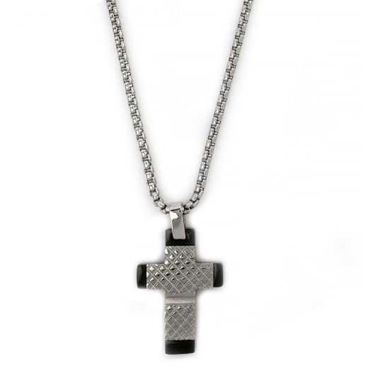 Cross made of stainless steel with embossed design and black endings with chain.