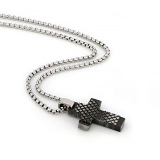 Cross made of stainless steel with black oxidation, embossed design and black endings with chain. - 