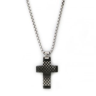 Cross made of stainless steel with black oxidation, embossed design and black endings with chain. Cross made of stainless steel with black oxidation, embossed design and black endings with chain.