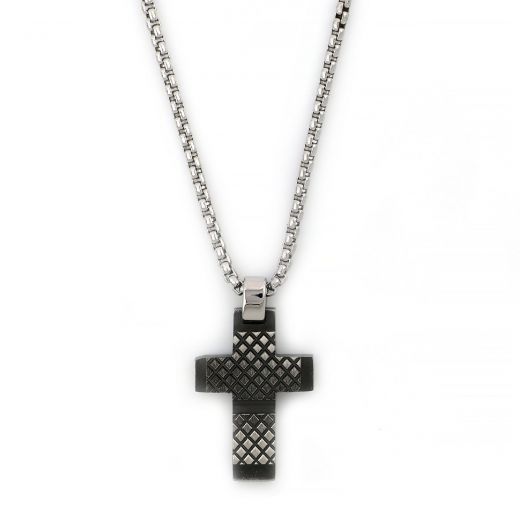 Cross made of stainless steel with black oxidation, embossed design and black endings with chain.