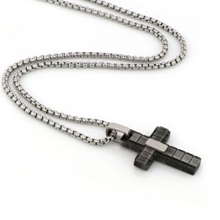 Cross made of stainless steel with black oxidation embossed designs intermitted with chain. - 