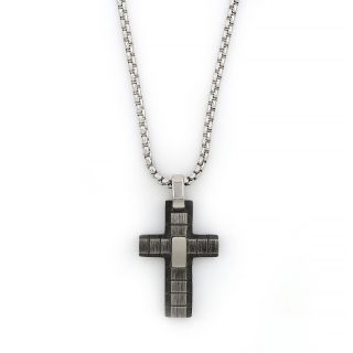 Cross made of stainless steel with black oxidation embossed designs intermitted with chain. Cross made of stainless steel with black oxidation embossed designs intermitted with chain.