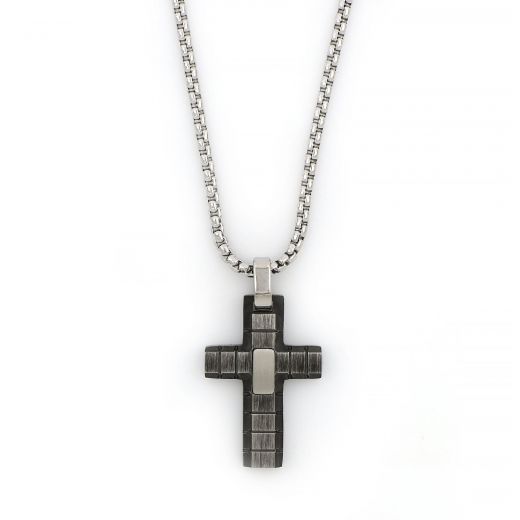 Cross made of stainless steel with black oxidation embossed designs intermitted with chain.