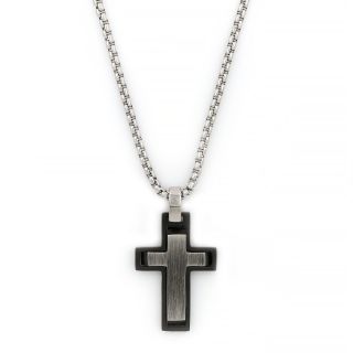 Double cross made of stainless steel with black oxidation and chain. Double cross made of stainless steel with black oxidation and chain.
