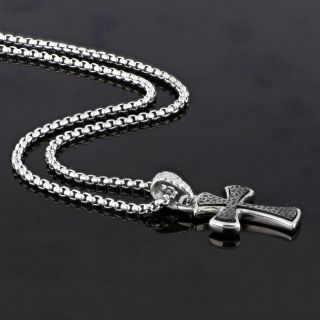 Cross made of stainless steel, embossed design with black oxidation and chain. - 